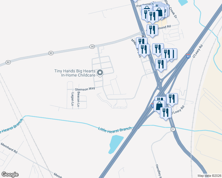 map of restaurants, bars, coffee shops, grocery stores, and more near 13 Bearing Circle in Savannah