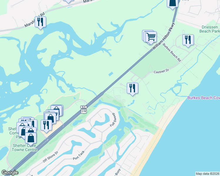 map of restaurants, bars, coffee shops, grocery stores, and more near 663 William Hilton Parkway in Hilton Head Island