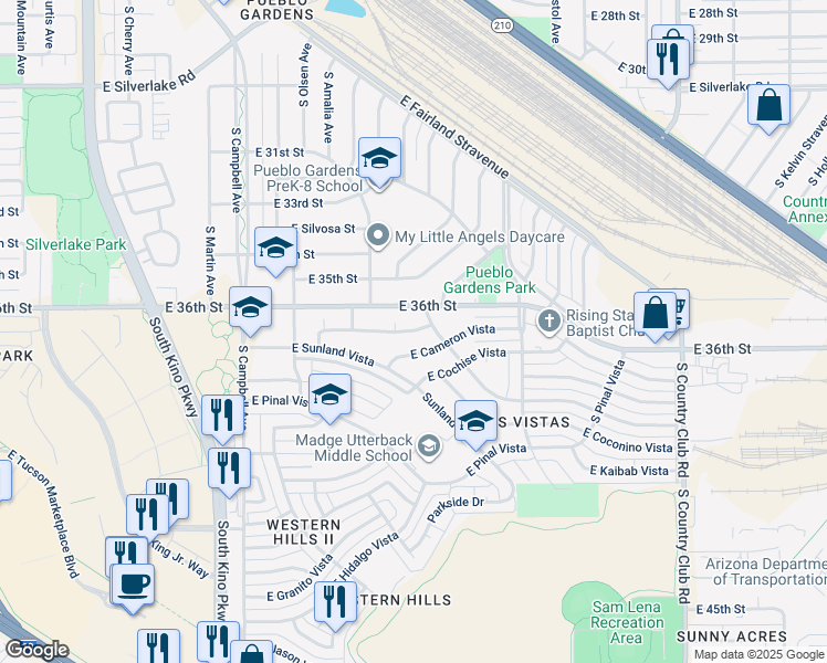 map of restaurants, bars, coffee shops, grocery stores, and more near 2332 East Monterey Vista in Tucson