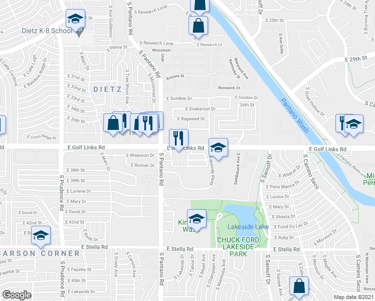 map of restaurants, bars, coffee shops, grocery stores, and more near 8028 East Golf Links Road in Tucson