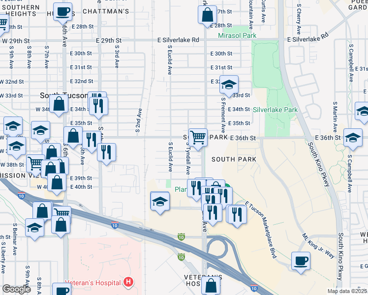 map of restaurants, bars, coffee shops, grocery stores, and more near 837 East 37th Street in Tucson