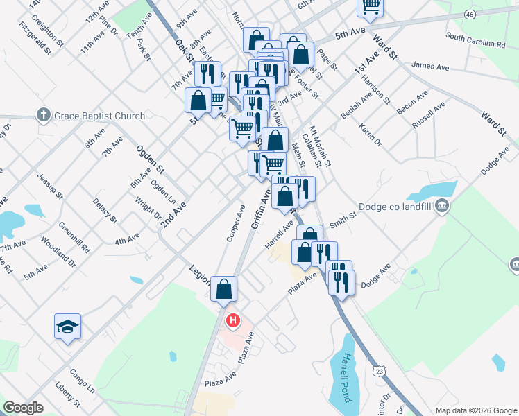 map of restaurants, bars, coffee shops, grocery stores, and more near 206 Griffin Avenue in Eastman