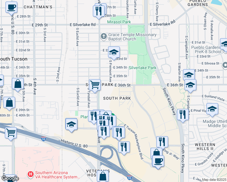 map of restaurants, bars, coffee shops, grocery stores, and more near 1500 East 36th Street in Tucson