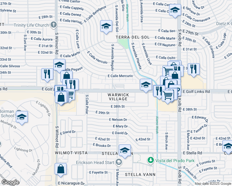 map of restaurants, bars, coffee shops, grocery stores, and more near 6646 East Golf Links Road in Tucson