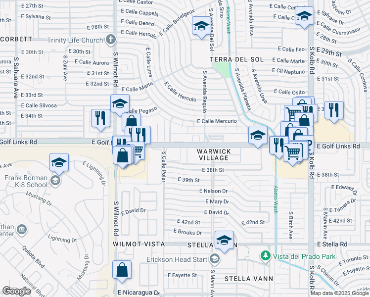 map of restaurants, bars, coffee shops, grocery stores, and more near 6590 East Golf Links Road in Tucson