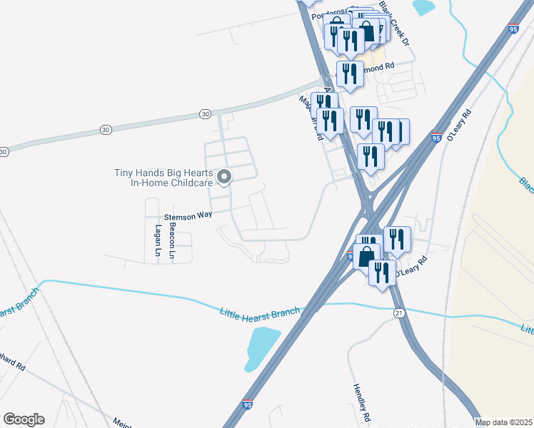 map of restaurants, bars, coffee shops, grocery stores, and more near 76 Bearing Circle in Port Wentworth