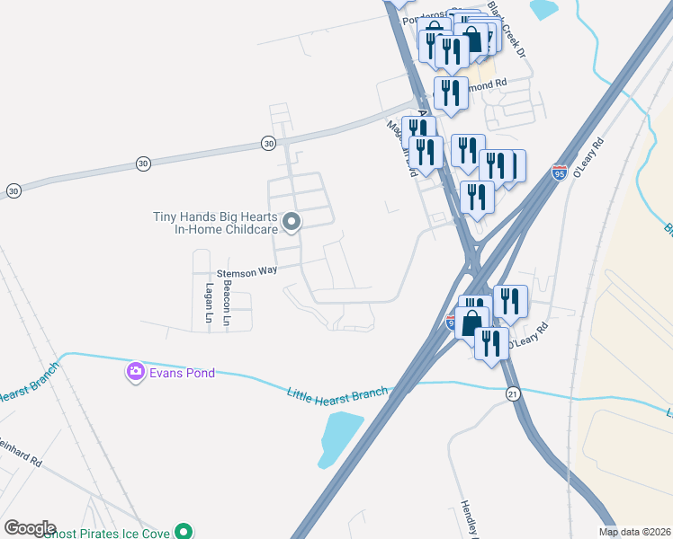 map of restaurants, bars, coffee shops, grocery stores, and more near 76 Bearing Circle in Port Wentworth