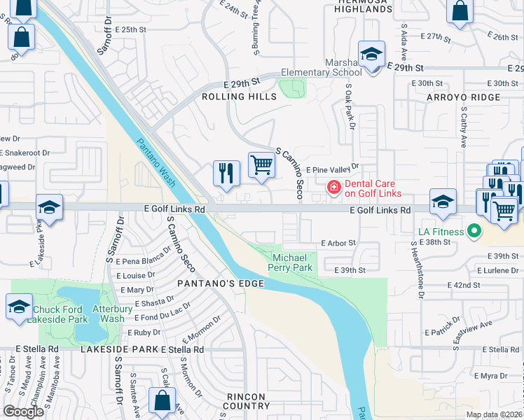 map of restaurants, bars, coffee shops, grocery stores, and more near 8746 East Golf Links Road in Tucson