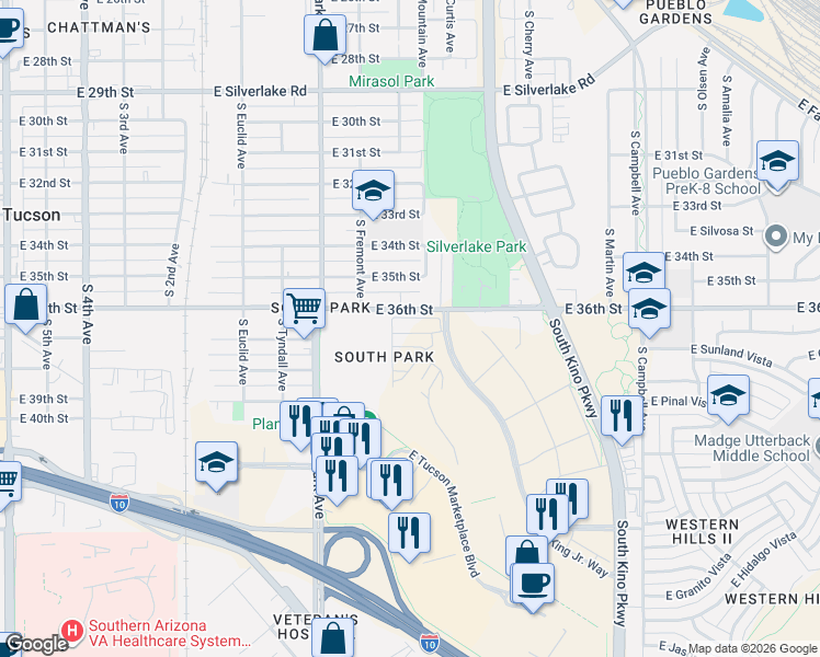 map of restaurants, bars, coffee shops, grocery stores, and more near 1195 East Fimbres Street in Tucson