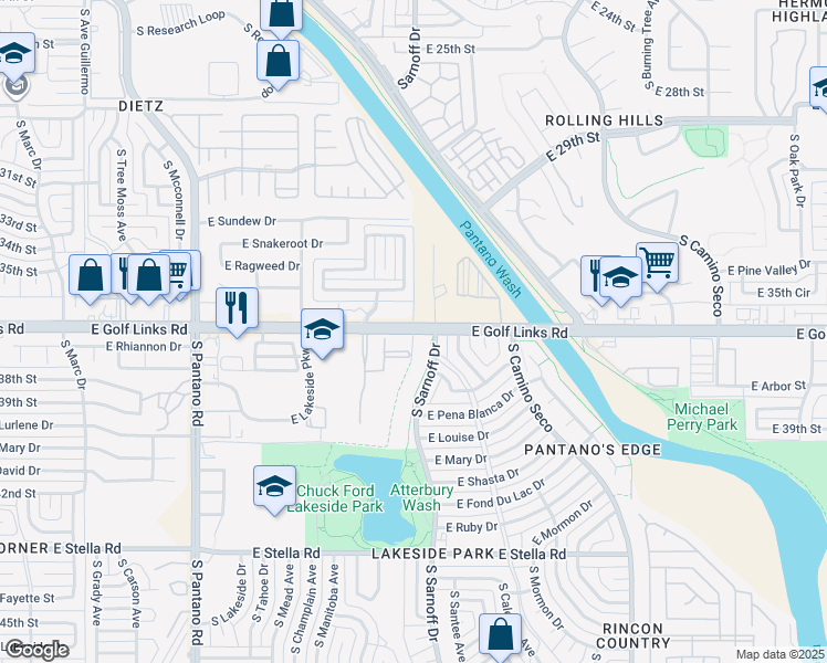 map of restaurants, bars, coffee shops, grocery stores, and more near 8288 East Golf Links Road in Tucson