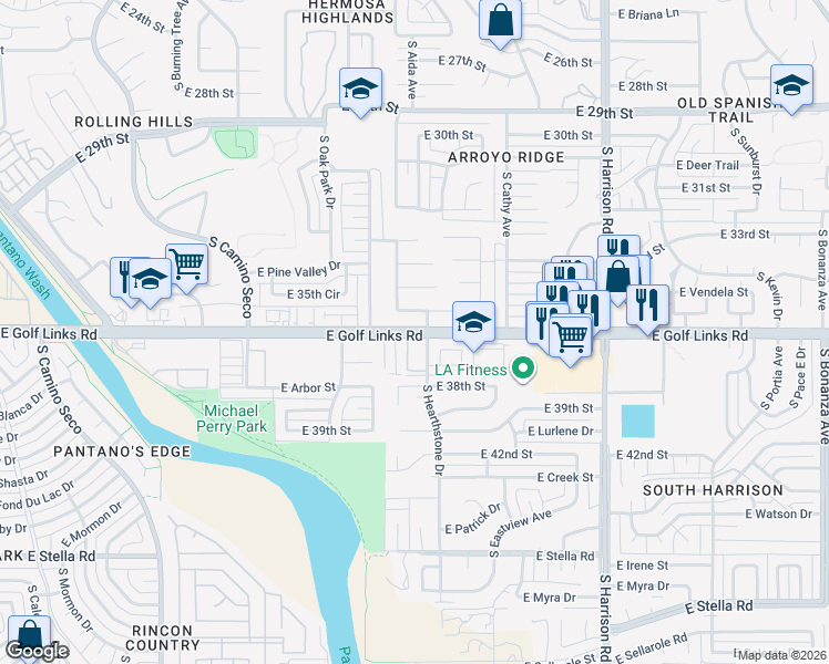 map of restaurants, bars, coffee shops, grocery stores, and more near 2629 South Desert Cavern Place in Tucson