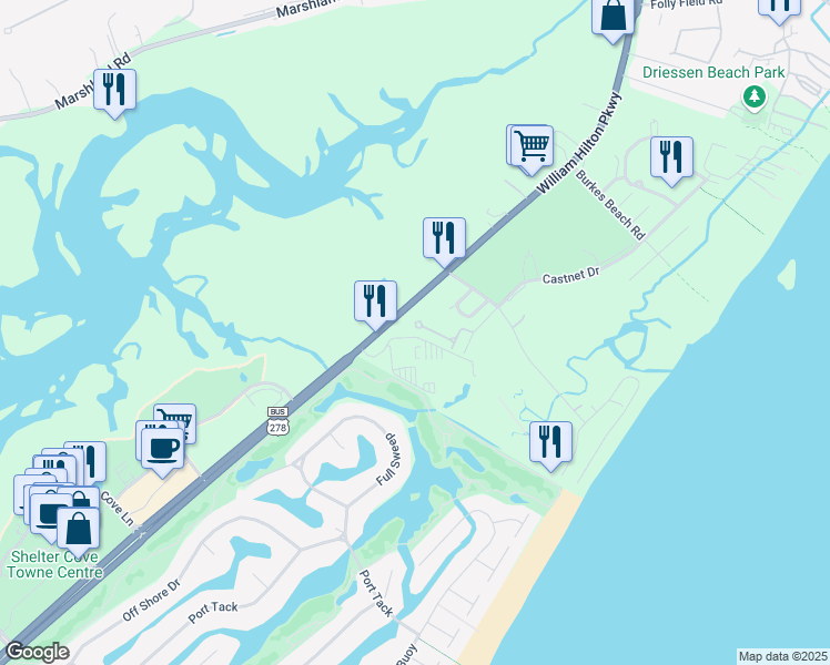 map of restaurants, bars, coffee shops, grocery stores, and more near 47 Crabline Court in Hilton Head Island