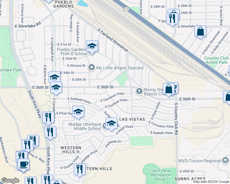 map of restaurants, bars, coffee shops, grocery stores, and more near 2403 East Cameron Vista in Tucson