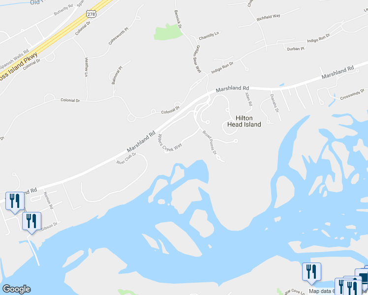 map of restaurants, bars, coffee shops, grocery stores, and more near 42 Wilers Creek Way in Hilton Head Island