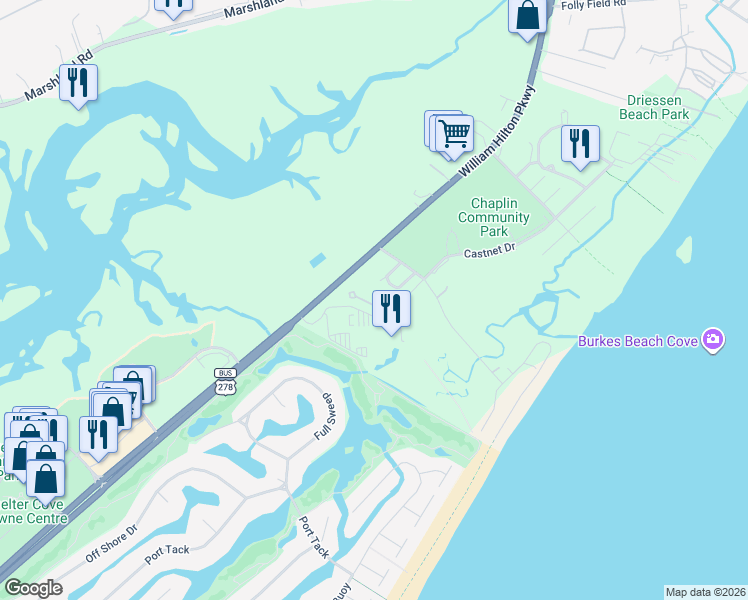 map of restaurants, bars, coffee shops, grocery stores, and more near 32 Crabline Court in Hilton Head Island