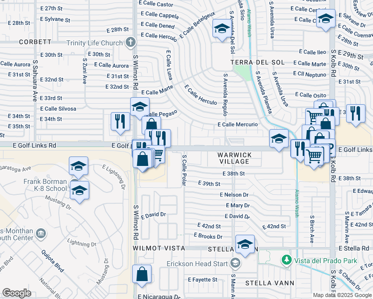 map of restaurants, bars, coffee shops, grocery stores, and more near 6502 East Golf Links Road in Tucson