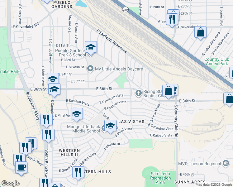 map of restaurants, bars, coffee shops, grocery stores, and more near 2512 East Cameron Vista in Tucson