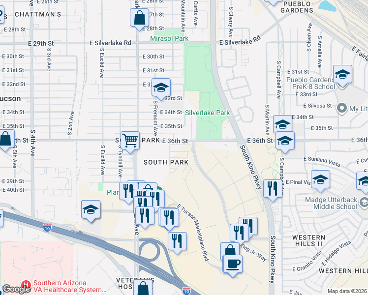 map of restaurants, bars, coffee shops, grocery stores, and more near 1200-1324 East 36th Street in Tucson