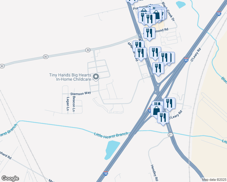 map of restaurants, bars, coffee shops, grocery stores, and more near 76 Bearing Circle in Port Wentworth