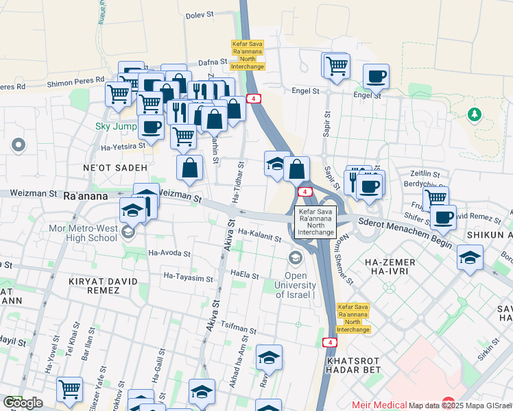 map of restaurants, bars, coffee shops, grocery stores, and more near 4 HaSheizaf Street in Ra'anana