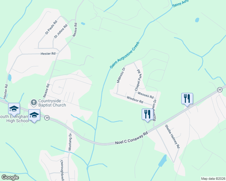 map of restaurants, bars, coffee shops, grocery stores, and more near 335 Windsor Road in Guyton