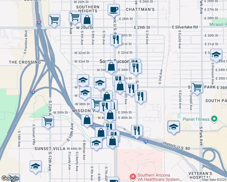 map of restaurants, bars, coffee shops, grocery stores, and more near 2632 South 6th Avenue in Tucson