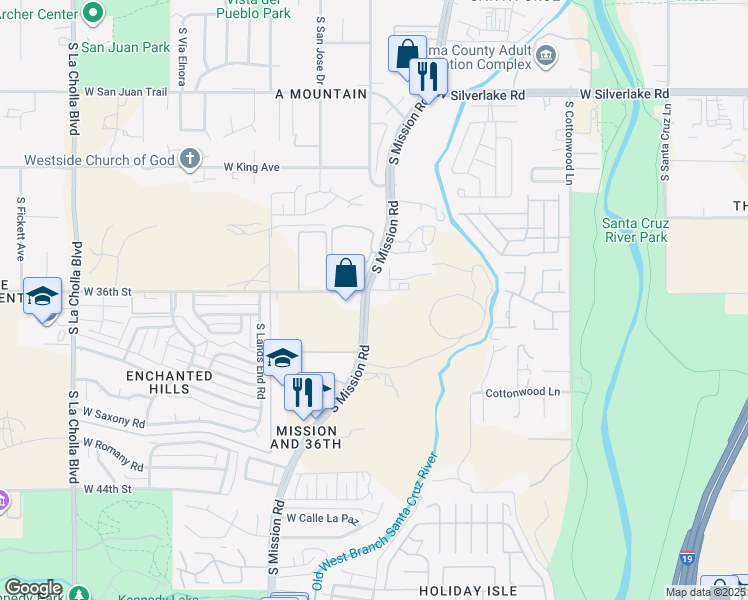 map of restaurants, bars, coffee shops, grocery stores, and more near 2610 South Mission Road in Tucson