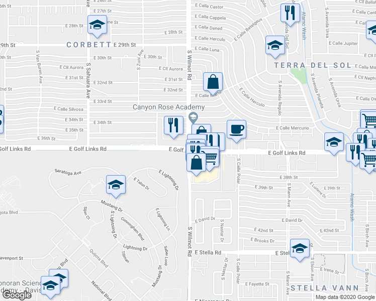 map of restaurants, bars, coffee shops, grocery stores, and more near E Golf Links Rd & S Wilmot Rd in Tucson