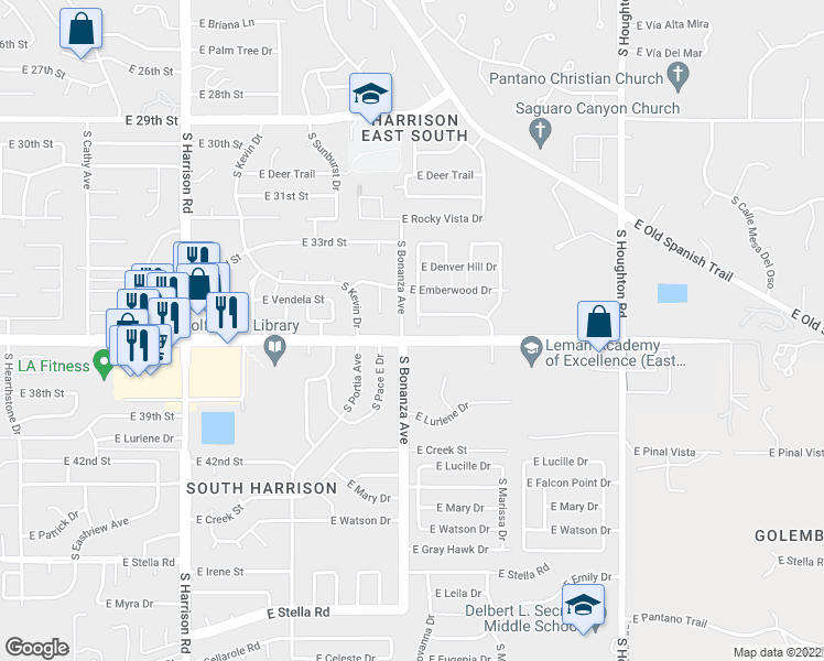 map of restaurants, bars, coffee shops, grocery stores, and more near 2607 South Bonanza Avenue in Tucson