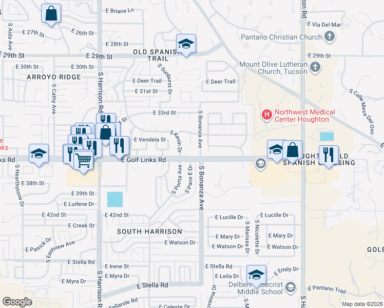 map of restaurants, bars, coffee shops, grocery stores, and more near 2600 South Pace East Drive in Tucson