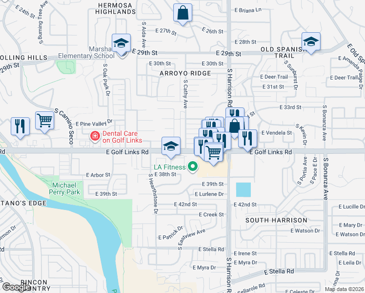map of restaurants, bars, coffee shops, grocery stores, and more near in Tucson