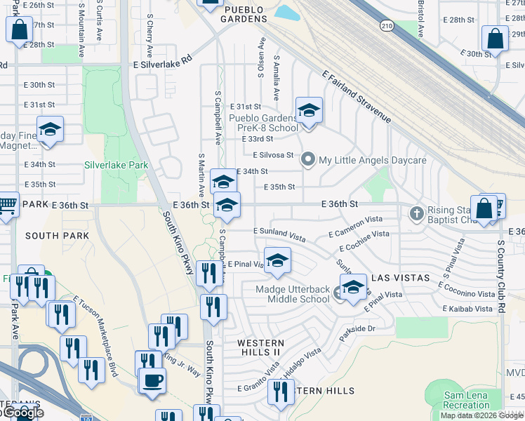 map of restaurants, bars, coffee shops, grocery stores, and more near 2703 South Kramer Avenue in Tucson