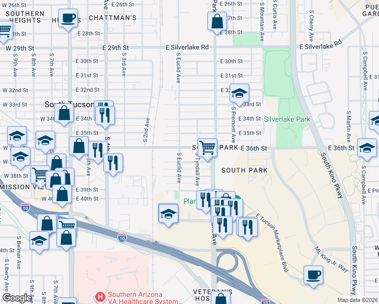 map of restaurants, bars, coffee shops, grocery stores, and more near 837 East 37th Street in Tucson