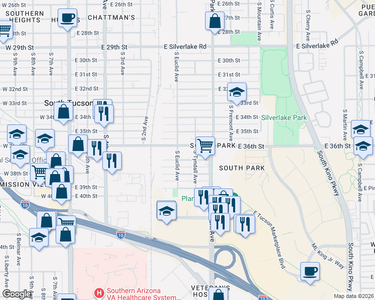 map of restaurants, bars, coffee shops, grocery stores, and more near 837 East 37th Street in Tucson