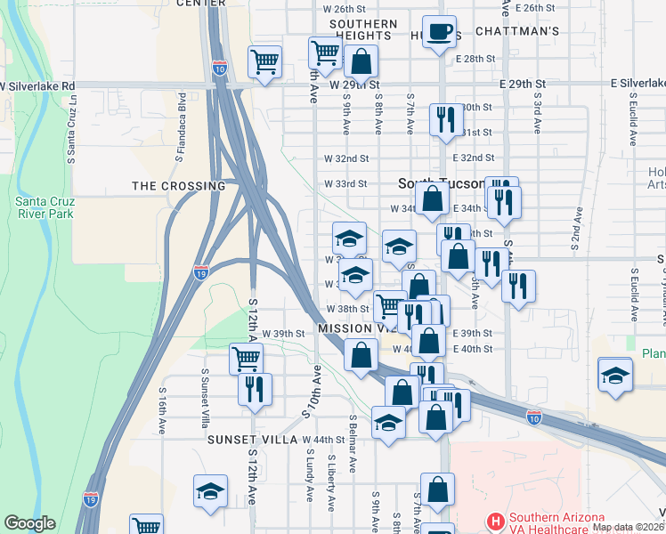 map of restaurants, bars, coffee shops, grocery stores, and more near 9 West 37th Street in Tucson