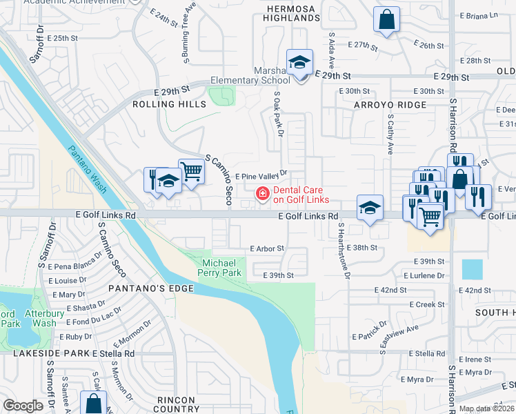 map of restaurants, bars, coffee shops, grocery stores, and more near 8900 East Golf Links Road in Tucson