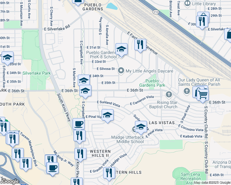 map of restaurants, bars, coffee shops, grocery stores, and more near 2204 East 36th Street in Tucson