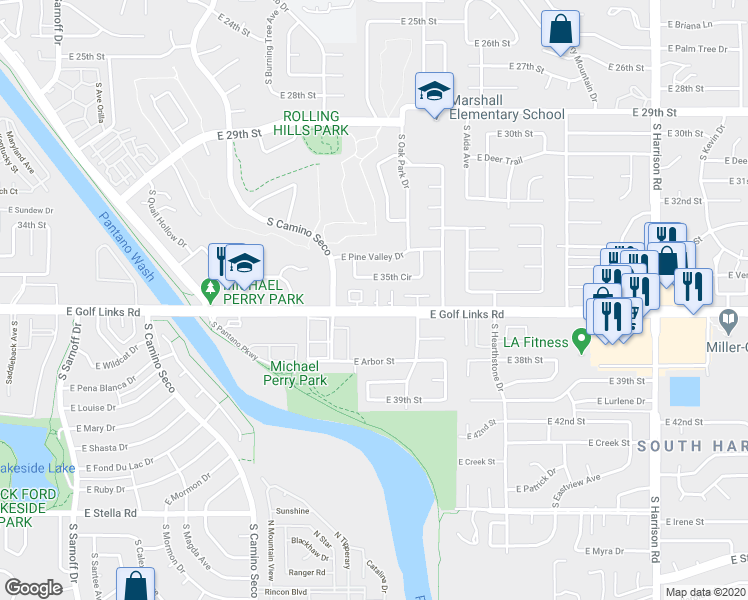 map of restaurants, bars, coffee shops, grocery stores, and more near 8900 East Golf Links Road in Tucson