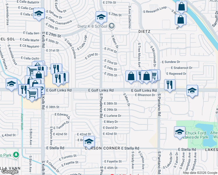 map of restaurants, bars, coffee shops, grocery stores, and more near 7597 East Rhiannon Drive in Tucson