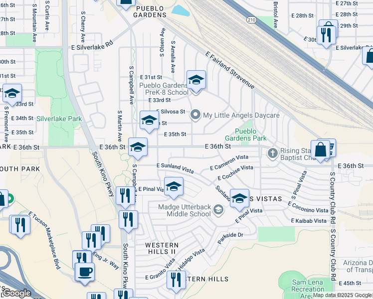 map of restaurants, bars, coffee shops, grocery stores, and more near 2230 East Monterey Vista in Tucson