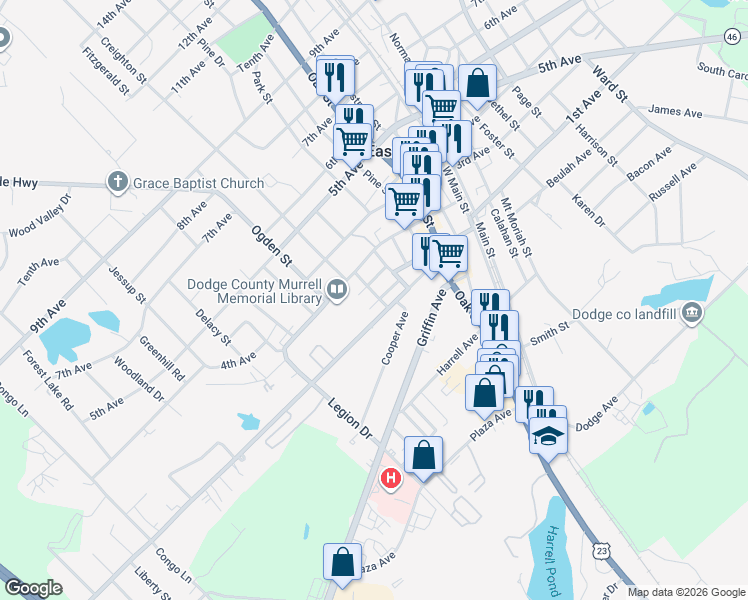map of restaurants, bars, coffee shops, grocery stores, and more near 410 Burch Street in Eastman