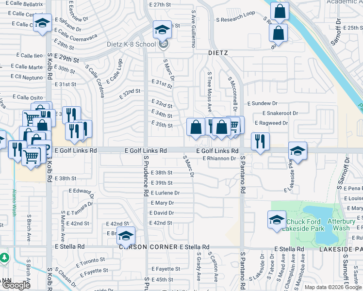 map of restaurants, bars, coffee shops, grocery stores, and more near 7680 East Placita Luna Preciosa in Tucson