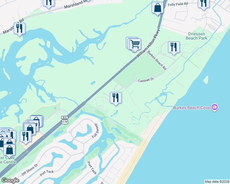 map of restaurants, bars, coffee shops, grocery stores, and more near 29 Corine Lane in Hilton Head Island