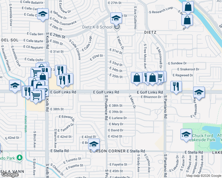 map of restaurants, bars, coffee shops, grocery stores, and more near 2425 South Prudence Road in Tucson
