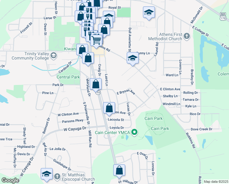 map of restaurants, bars, coffee shops, grocery stores, and more near 505 East Bryson Avenue in Athens