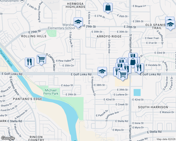 map of restaurants, bars, coffee shops, grocery stores, and more near 9130 East Placita Arroyo Seco in Tucson
