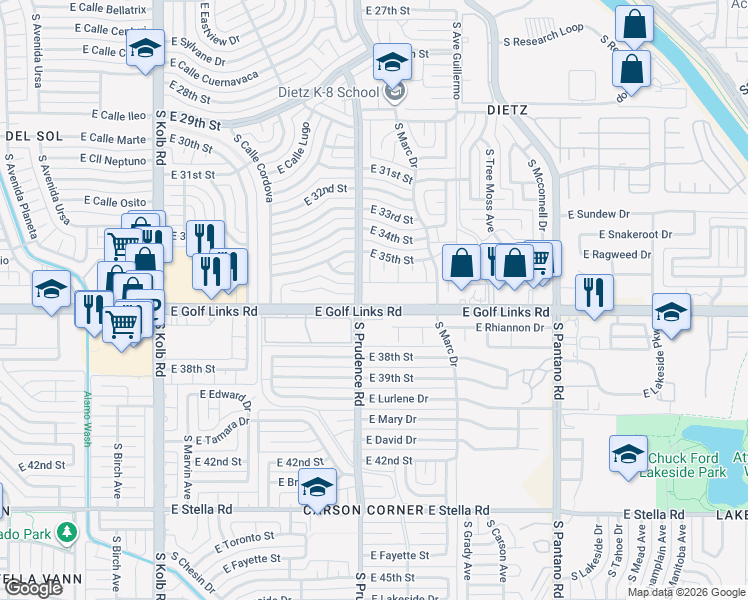 map of restaurants, bars, coffee shops, grocery stores, and more near 2425 South Prudence Road in Tucson