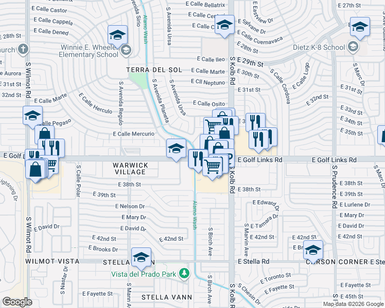 map of restaurants, bars, coffee shops, grocery stores, and more near 6979 East Golf Links Circle in Tucson