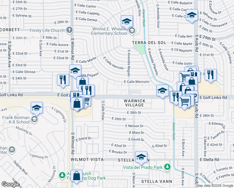 map of restaurants, bars, coffee shops, grocery stores, and more near 6606 East Calle Mercurio in Tucson