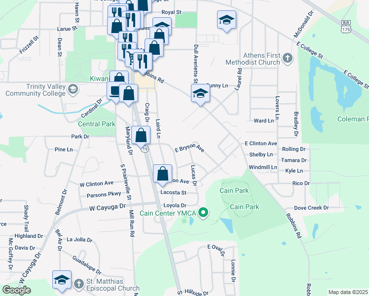 map of restaurants, bars, coffee shops, grocery stores, and more near 513 East Bryson Avenue in Athens